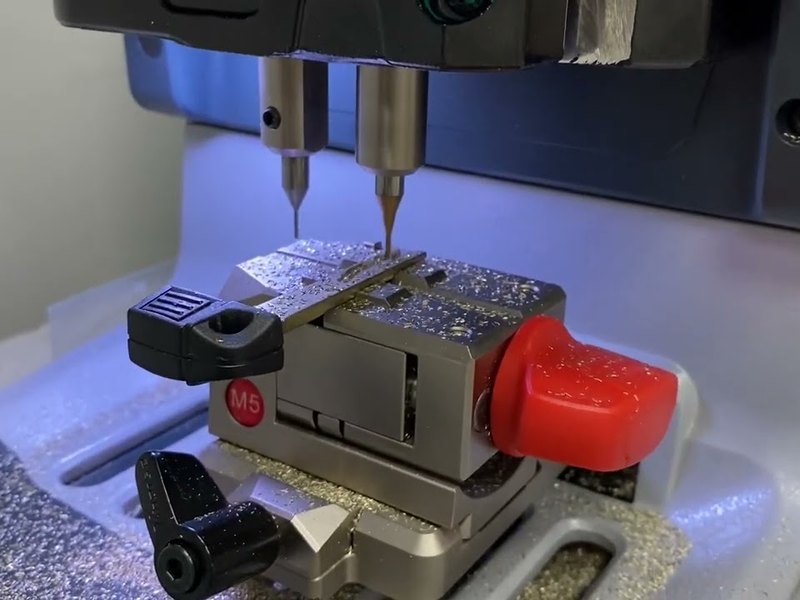 Key blank being milled to code in the service van during a Milwaukee call